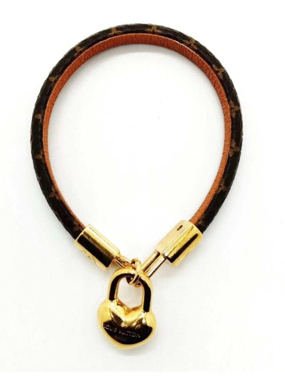 Authentic Louis Vuitton Monogram Heart Lock Leather Bracelet Gold Tone LV Charm - Picture 3 of 10